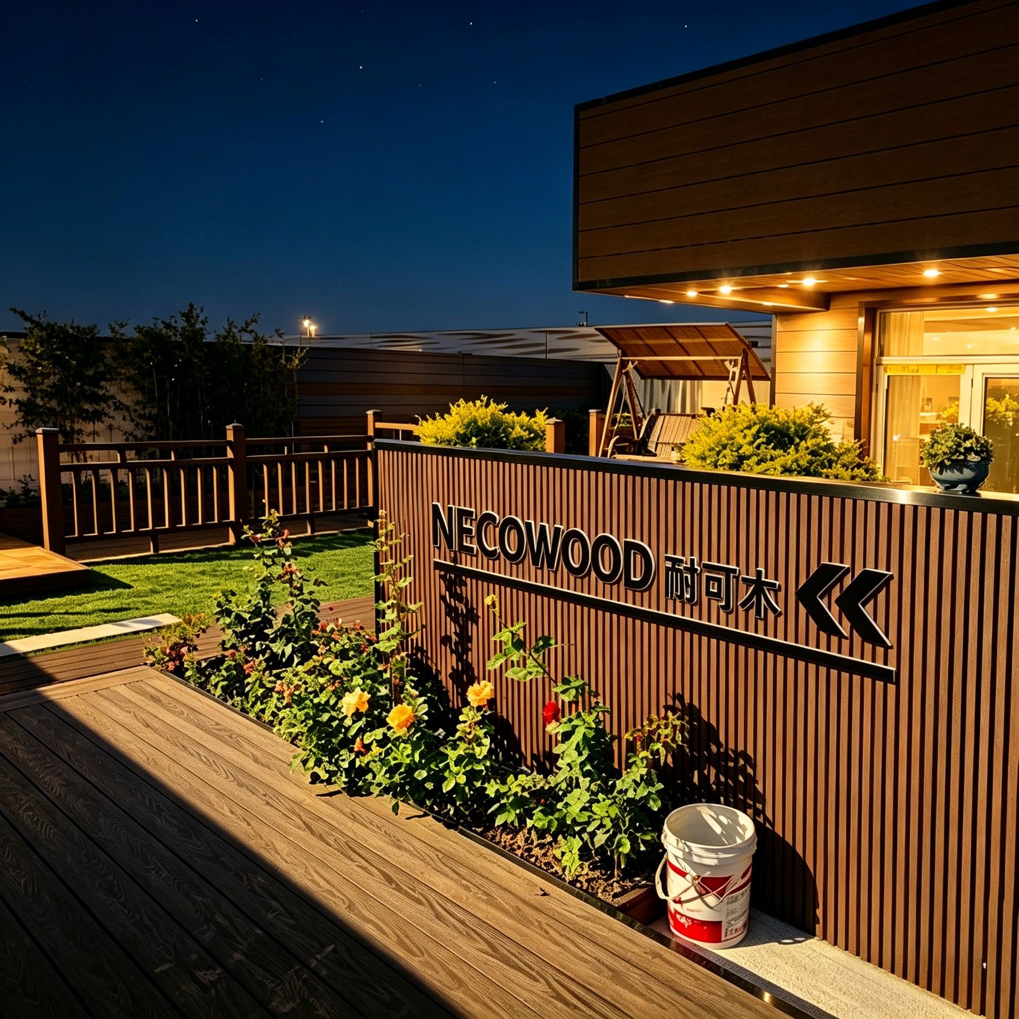 NECOWOOD WPC showroom at night: warm ambiance and refined wood grain under lighting