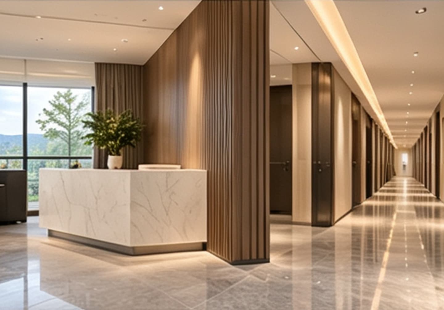 Necowood WPC wall panel hotel corridor and lobby in neutral greige and charcoal accent